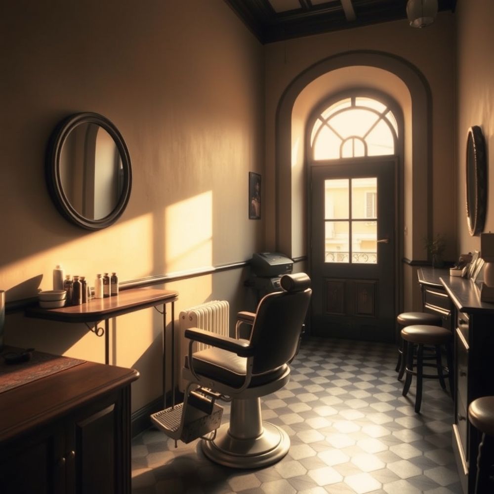Interno di una barberia classica con poltrona e specchio