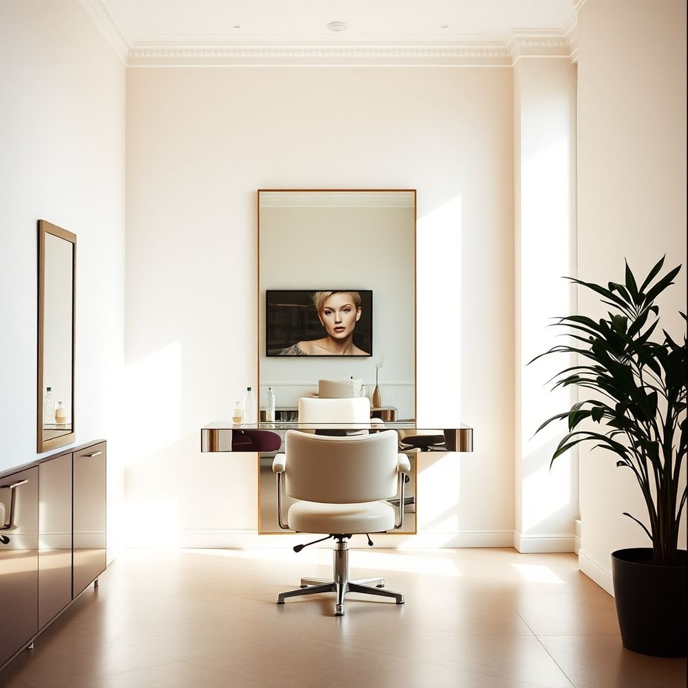 Interno di un salone di bellezza con postazione e specchio